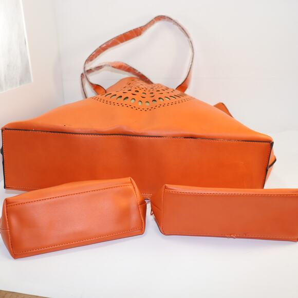 Neiman Marcus Orange Laser Cut Tote Bag w/ 2 Matching Pouches - Picture 3 of 6